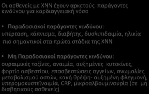 ΠΑΡΑΓΟΝΤΕΣ(ΚΙΝΔΥΝΟΥ( ΟιασθενείςμεΧΝΝέχουναρκετούςπαράγοντες κινδύνουγιακαρδιαγγειακήνόσο Παραδοσιακοίπαράγοντεςκινδύνου: υπέρταση,κάπνισμα,διαβήτης,δυσλιπιδαιμία,ηλικία