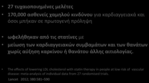 CholesterolTreatmentTrialists (CTT)Collaborators 27(τυχαιοποιημένες(μελέτες(( 170,000(ασθενείς(χαμηλού(κινδύνου(γιακαρδιαγγειακάκαι όσοιμπήκανσεπρωτογενήπρόληψη ωφελήθηκαν(από(τις(στατίνες(με