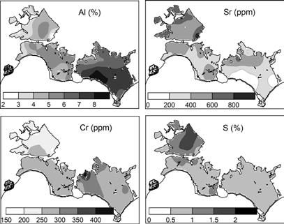 8ο Πανελλήνιο Συμποσιο Ωκεανογραφίας & Αλιείας 797 Figure 3. Spatial distribution of major and minor elements representing the four prevailing element groups. phase in the surface sediments.