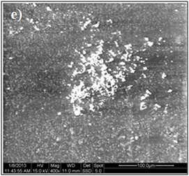 Εικόνα 17. Φωτογραφίες ηλεκτρονικού µικροσκοπίου των δοκιµίων εποξειδικής ρητίνης/µαγκεµίτη σε περιεκτικότητες a)10% (w/w), b) 20% (w/w) c) 30% (w/w), d) 40% (w/w), e) 50% (w/w), µεγέθυνση (400x).