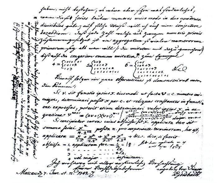 Εικόνα 18: Το γράμμα από τον Goldbach προς τον Euler Η σημερινή διατύπωση της εικασίας του Goldbach είναι η εξής: Εικασία του Goldbach: Κάθε άρτιος ακέραιος μεγαλύτερος του 2 μπορεί να εκφραστεί ως