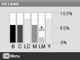 25Αντικατάσταση δοχείων µελανιού Έλεγχος της στάθµης µελανιού Μπορείτε να ελέγχετε τη στάθµη του µελανιού στην κάτω δεξιά γωνία της οθόνης LCD, όπου εµφανίζεται ως εικονίδιο.