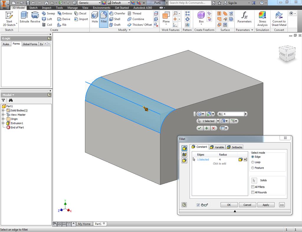 Σχήμα 2.3: Εφαρμογή Fillet σε 3D στερεό. 2.4.5 Στερεά μοντελοποίηση (solid modeling) Ένα στερεό μοντέλο αντιπροσωπεύει πλήρως και σαφώς τη γεωμετρία και τη τοπολογία ενός αντικειμένου.