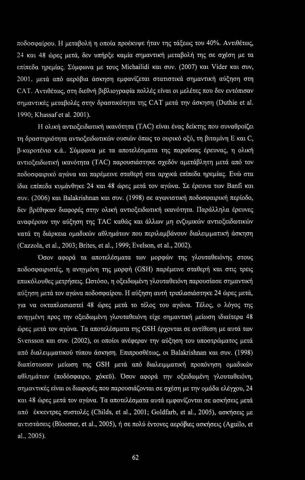 ποδοσφαίρου. Η μεταβολή η οποία προέκυψε ήταν της τάξεως του 40%. Αντιθέτως, 24 και 48 ώρες μετά, δεν υπήρξε καμία σημαντική μεταβολή της σε σχέση με τα επίπεδα ηρεμίας.