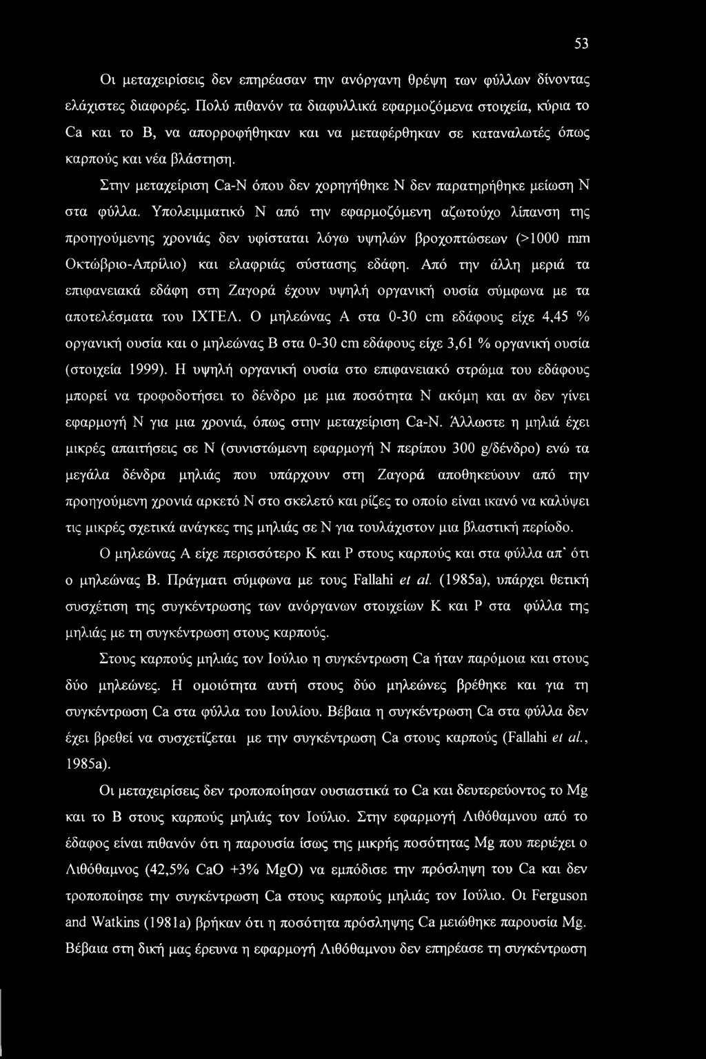 Στην μεταχείριση Ca-N όπου δεν χορηγήθηκε Ν δεν παρατηρήθηκε μείωση Ν στα φύλλα.