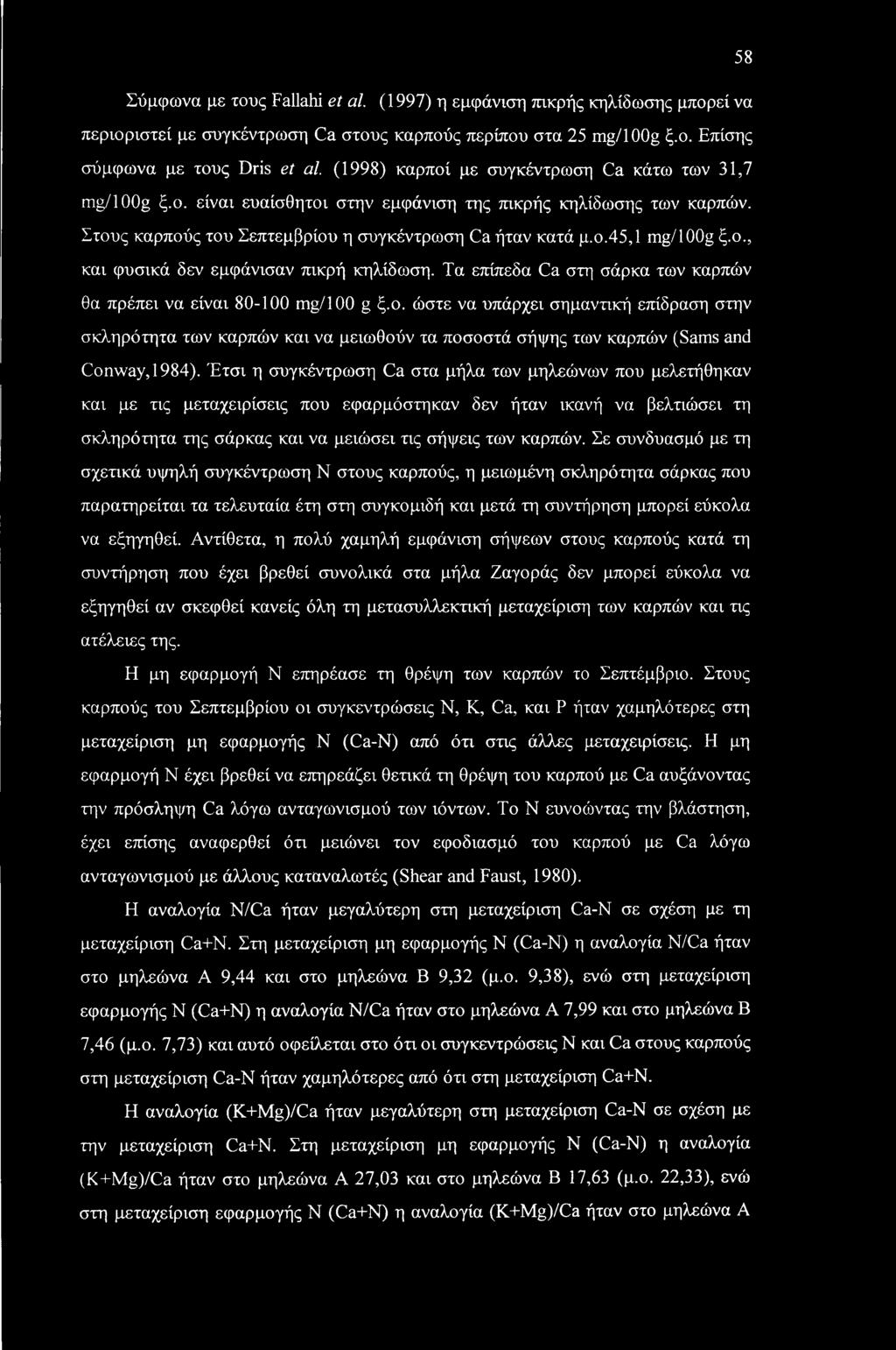 58 Σύμφωνα με τους Fallahi et al. (1997) η εμφάνιση πικρής κηλίδωσης μπορεί να περιοριστεί με συγκέντρωση Ca στους καρπούς περίπου στα 25 mg/100g ξ.ο. Επίσης σύμφωνα με τους Dris et al.