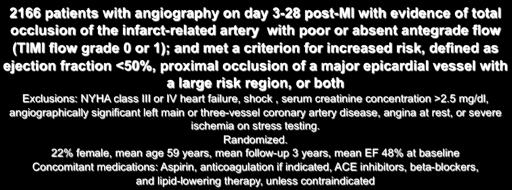 22% female, mean age 59 years, mean follow-up 3 years, mean EF 48% at baseline Concomitant medications: Aspirin, anticoagulation if indicated, ACE