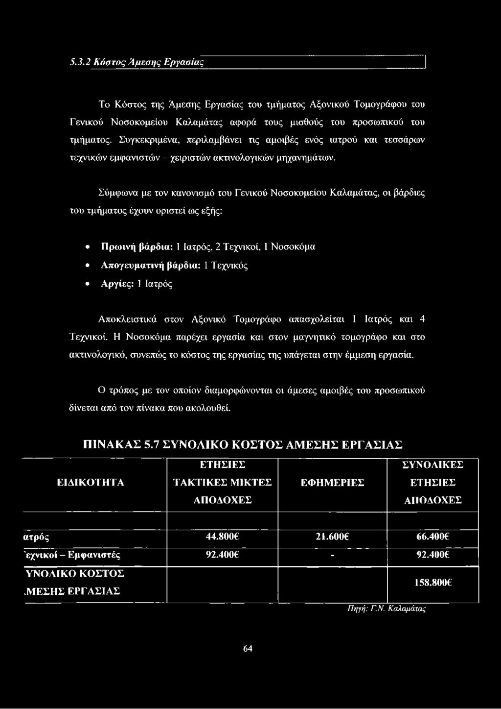 Σύμφωνα με τον κανονισμό του Γενικού Νοσοκομείου Καλαμάτας, οι βάρδιες του τμήματος έχουν οριστεί ως εξής: Πρωινή βάρδια: 1 Ιατρός, 2 Τεχνικοί, 1 Νοσοκόμα Απογευματινή βάρδια: 1 Τεχνικός Αργίες: 1