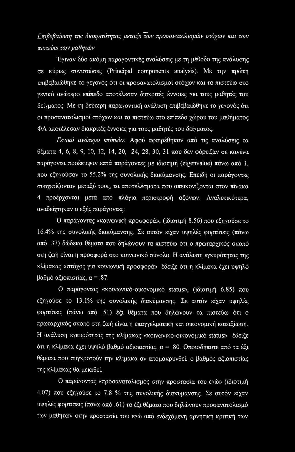 Επιβεβαίωση της διακριτότητας μεταξυτων προσανατολισμών στόχων και των πιστεύω των μαθητών Έγιναν δύο ακόμη παραγοντικές αναλύσεις με τη μέθοδο της ανάλυσης σε κύριες συνιστώσες (Principal components