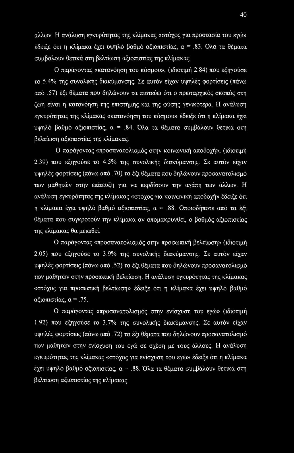 Σε αυτόν είχαν υψηλές φορτίσεις (πάνω από.57) έξι θέματα που δηλώνουν τα πιστεύω ότι ο πρωταρχικός σκοπός στη ζωη είναι η κατανόηση της επιστήμης και της φύσης γενικότερα.