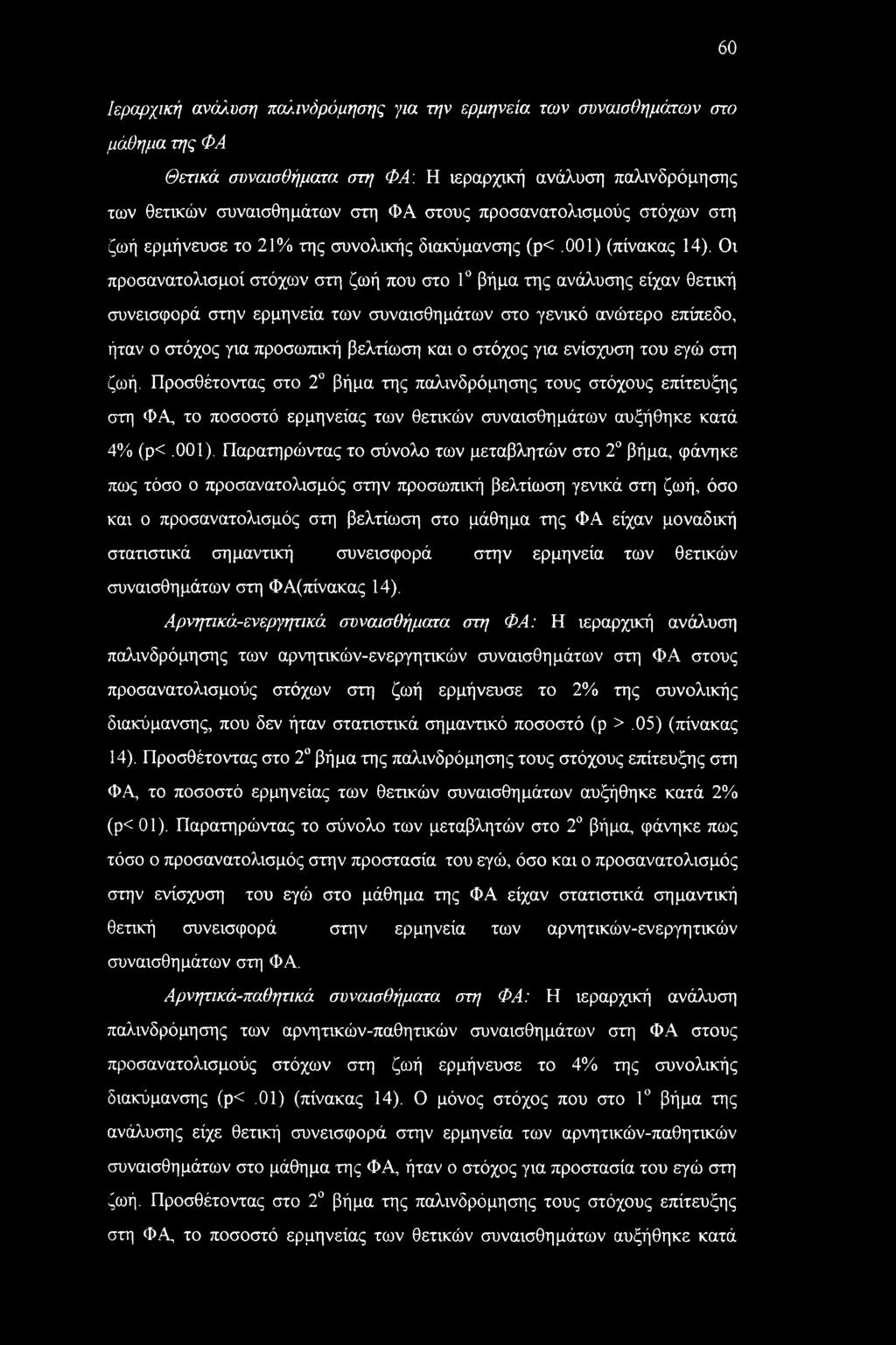 Οι προσανατολισμοί στόχων στη ζωή που στο 1 βήμα της ανάλυσης είχαν θετική συνεισφορά στην ερμηνεία των συναισθημάτων στο γενικό ανώτερο επίπεδο, ήταν ο στόχος για προσωπική βελτίωση και ο στόχος για