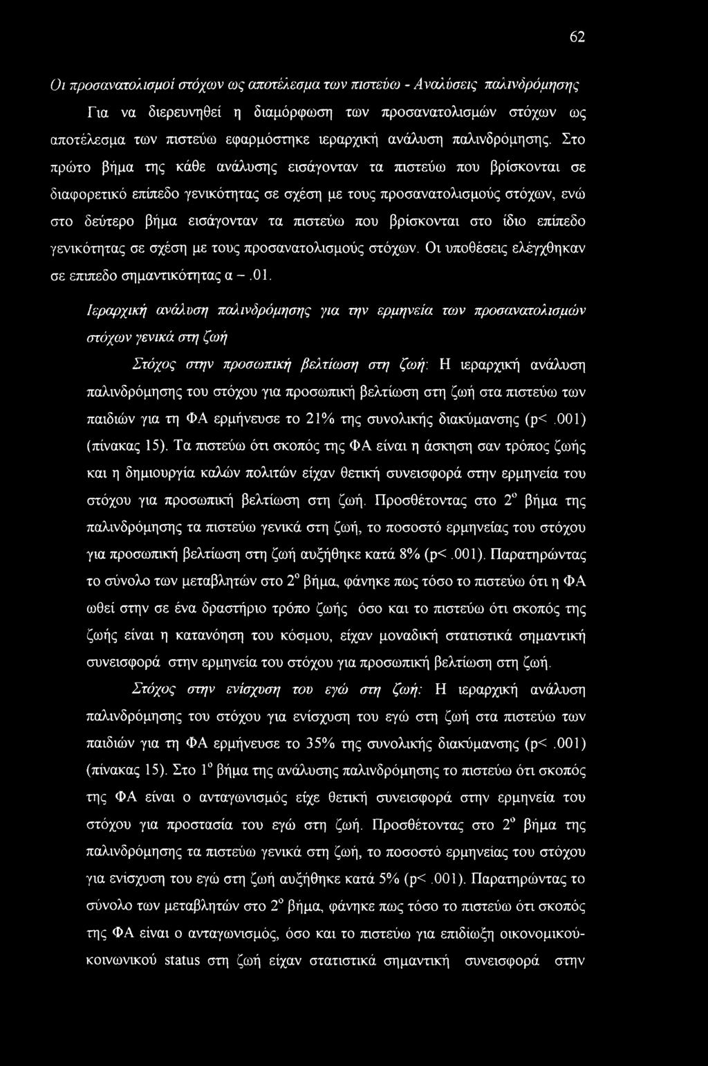 Στο πρώτο βήμα της κάθε ανάλυσης εισάγονταν τα πιστεύω που βρίσκονται σε διαφορετικό επίπεδο γενικότητας σε σχέση με τους προσανατολισμούς στόχων, ενώ στο δεύτερο βήμα εισάγονταν τα πιστεύω που