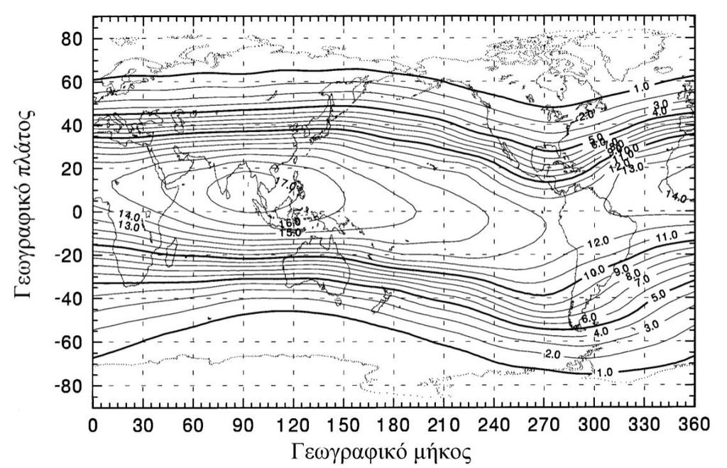 Εικόνα 1.8 Η κατανομή του κατωφλίου μαγνητικής δυσκαμψίας σε GeV σύμφωνα με τις μετρήσεις του μοντέλου IGRF (International Geomagnetic Reference Field) το 2000 1.5.