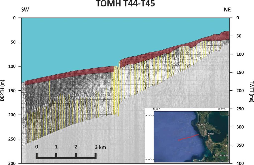 (α) (β) Εικόνα 4.6: Σεισμική τομογραφία Τ44-Τ45 υποδομής πυθμένα τύπου Sparker. (α) πρωτογενές προφίλ και (β) επεξεργασμένο προφίλ.