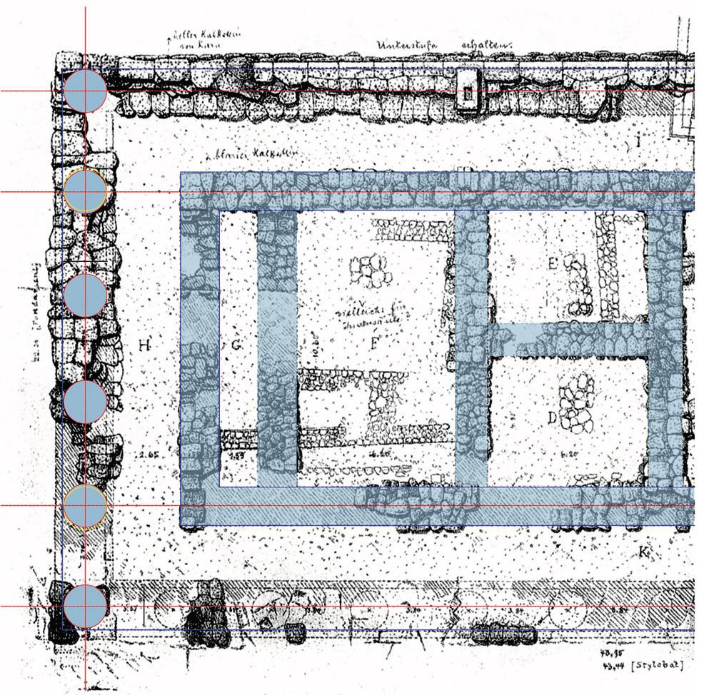 Athens, temple of Athena Polias: overlapping of the eastern colonnade, as restored, to the drawing of the present state (graphic elaboration from Dörpfeld 1886); note the alignment between the axis