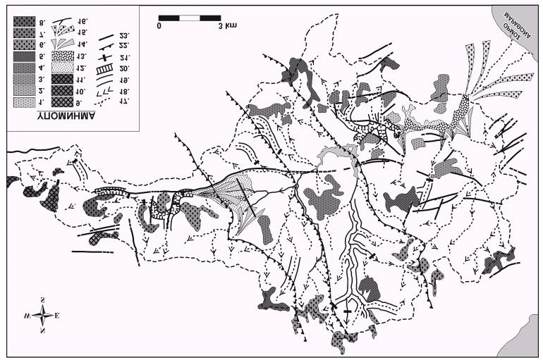 Εικόνα 4. Γεωµορφολογικός χάρτης της λεκάνης απορροής του Οινόη ποταµού. ΥΠΟΜΝΗΜΑ: 1. Επιφάνειες ισοπέδωσης (140m), 2. (150-180 m), 3. (200-260m), 4. (320-380m), 5. (400-460 m), 6. (500-560 m), 7.
