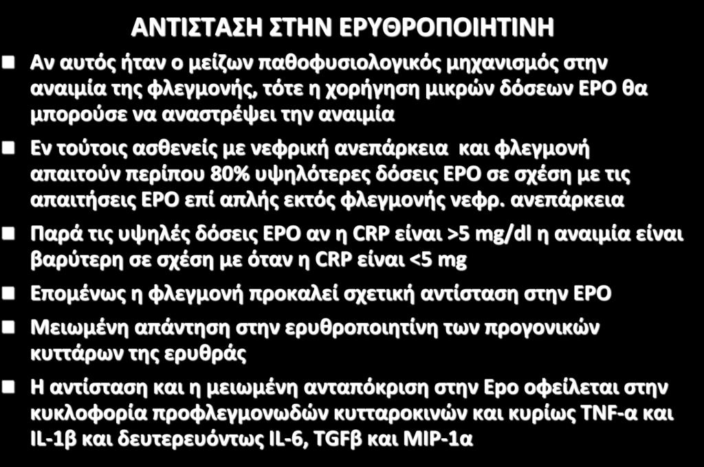 ΑΝΑΙΜΙΑ ΧΡΟΝΙΑΣ ΝΟΣΟΥ ΑΝΤΙΣΤΑΣΗ ΣΤΗΝ ΕΡΥΘΡΟΠΟΙΗΤΙΝΗ Αν αυτός ήταν ο μείζων παθοφυσιολογικός μηχανισμός στην αναιμία της φλεγμονής, τότε η χορήγηση μικρών δόσεων ΕΡΟ θα μπορούσε να αναστρέψει την