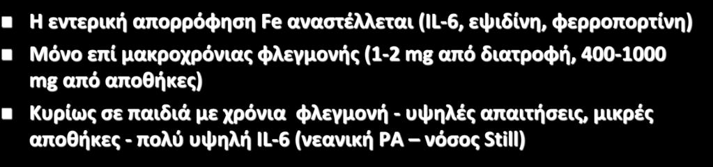 ΑΝΑΙΜΙΑ ΧΡΟΝΙΑΣ ΝΟΣΟΥ H εντερική απορρόφηση Fe αναστέλλεται (ΙL-6,