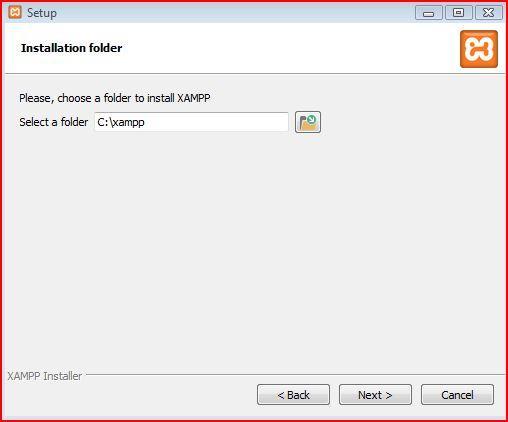 Έπειτα μας εμφανίζεται η παρακάτω οθόνη, όπου μας ζητάει να επιλέξουμε το φάκελο στον οποίο θα αποθηκεύσει τα απαραίτητα αρχεία για τη λειτουργία του XAMPP.