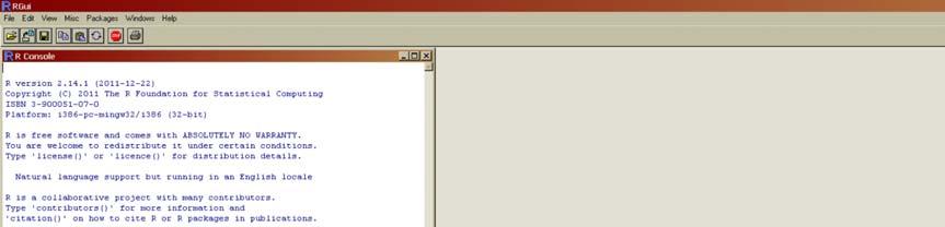 Εικόνα 1: Το περιβάλλον της γλώσσας R Αρχικά θα πληκτρολογούμε τις εντολές μας στο λευκό παράθυρο.