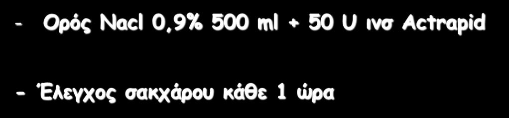 «Αντλία» ενδοφλέβιας έγχυσης ινσουλίνης - Ορός Nacl 0,9% 500 ml + 50 U ινσ Actrapid - Έλεγχος σακχάρου κάθε 1 ώρα Γλυκόζη αίματος mg/dl