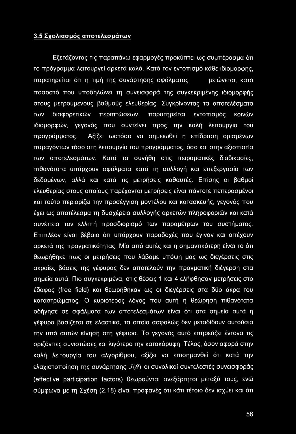 ελευθερίας. Συγκρίνοντας τα αποτελέσματα των διαφορετικών περιπτώσεων, παρατηρείται εντοπισμός κοινών ιδιομορφών, γεγονός που συντείνει προς την καλή λειτουργία του προγράμματος.