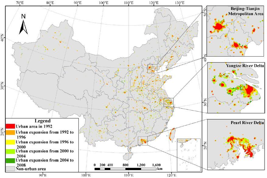 Εικόνα 3.34: Η αστική εξάπλωση στην Κίνα κατά την περίοδο 1992-2008. (Πηγή: Liu Z., 2012) 3.5.