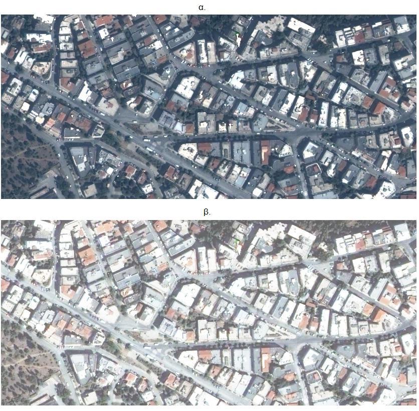 Εικόνα 4.12: α. Εικόνα RGB σε τμήμα της περιοχής μελέτης β. Εικόνα μετά την τεχνική «Histogram equalization» 4.3.1.2 Χωρική βελτίωση Στη συνέχεια, εφαρμόστηκαν μέθοδοι χωρικής βελτίωσης στην εικόνα μελέτης.