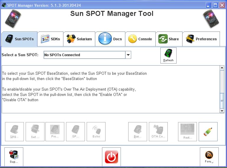 Εικόνα 13: Το εργαλείο SunSPOT Manager Tool Επιλογή SunSPOTs: Η επιλογή Sun SPOTS προσφέρει ένα μενού προκειμένου να επιλέξουμε μεταξύ των συνδεδεμένων με USB Sun SPOTs, μία μεγάλης έκτασης περιοχή