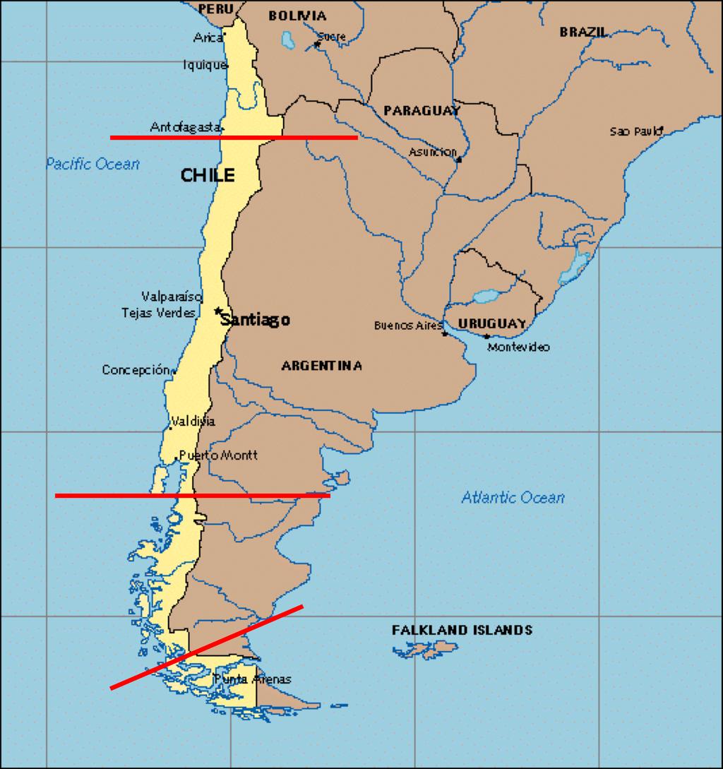Σχήμα 5.6: Χάρτης της Χιλής και των Τεσσάρων Ολοκληρωμένων Συστημάτων Παραγωγής Ισχύος (SING: Βόρεια, SIC: Άνω Κεντρικά, Aysen: Νοτιοκεντρικά και Magallanes: Νότια) 5.3.