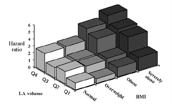 A longitudinal study over 21 years Α graded risk relationship between BMI and progression from paroxysmal to permanent AF Larger LA size augmented