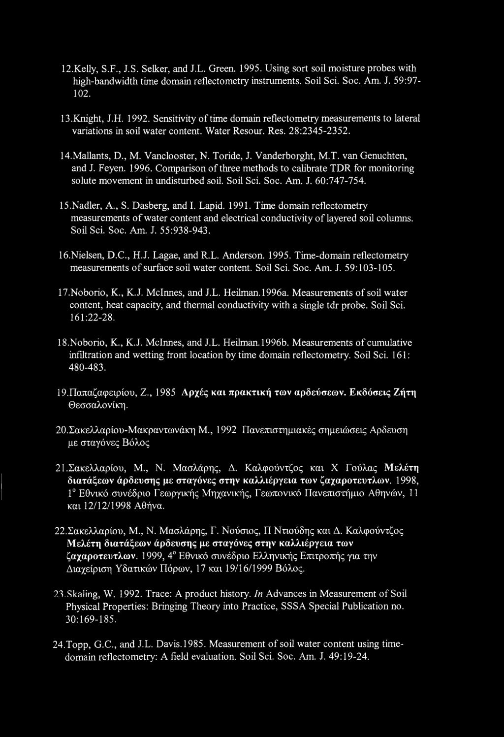 Feyen. 1996. Comparison of three methods to calibrate TDR for monitoring solute movement in undisturbed soil. Soil Sci. Soc. Am. J. 60:747-754. 15. Nadler, A., S. Dasberg, and I. Lap id. 1991.