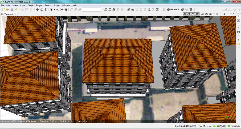 Εικόνα 73 : Παράδειγμα σκεπής στο CityEngine, η οποία δημιουργήθηκε από CGA κανόνες Ο κανόνας CGA που δημιουργήθηκε για τη σκεπή παρουσιάζεται παρακάτω : /** * File: skeph_keramid.