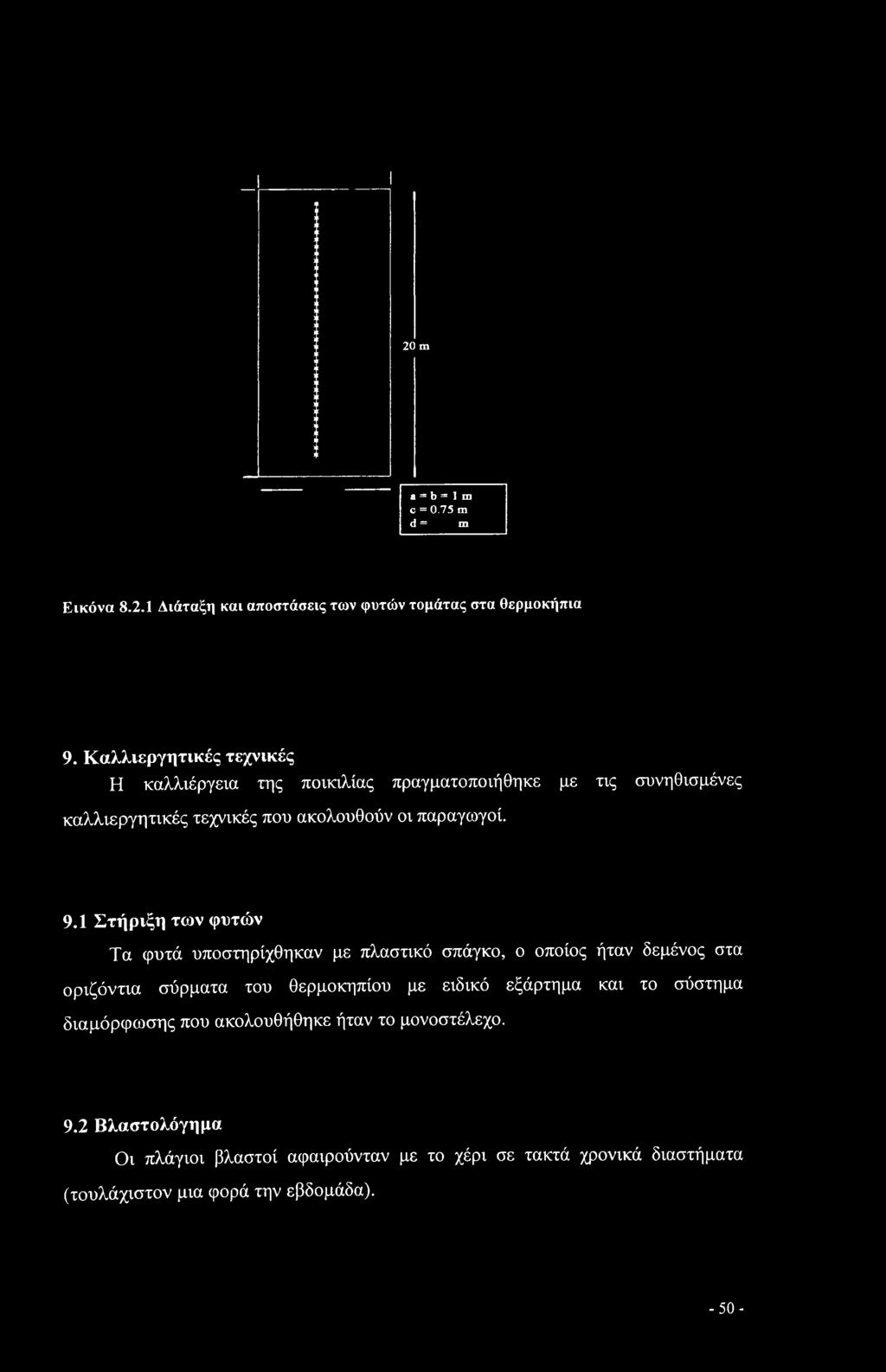 20 m a = b = 1 m c = 0.75 m d = m Εικόνα 8.2.1 Διάταξη και αποστάσεις των φυτών τομάτας στα θερμοκήπια 9.