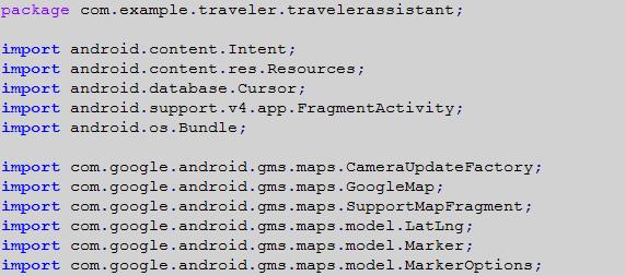 Αρχικά πάνω από τη δημιουργία της κλάσης MapsActivity δηλώνουμε το πακέτο μας και στη συνέχεια κάνουμε import τις