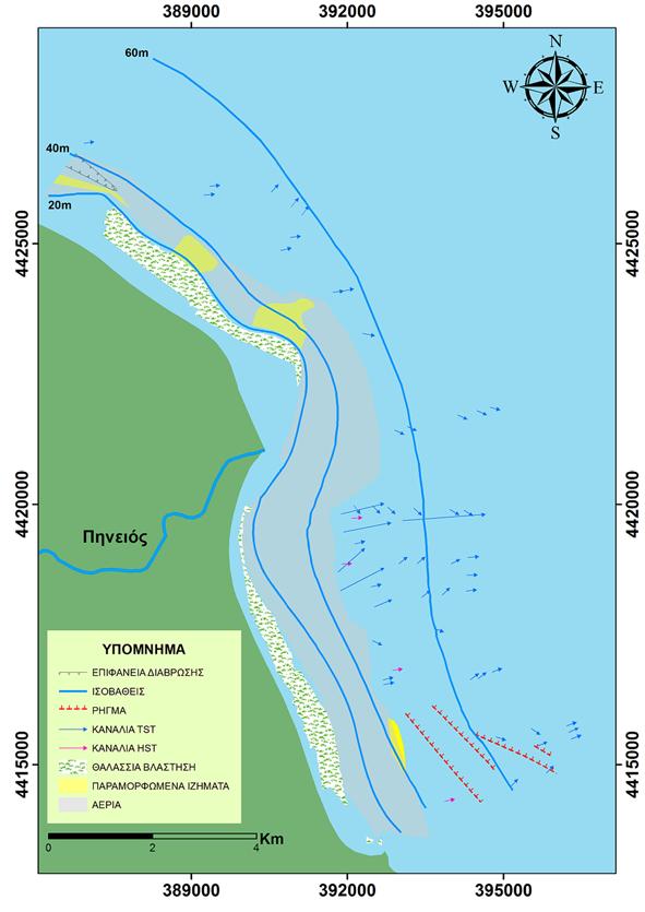 Εικόνα 4: Γεωμορφολογικός χάρτης της υποθαλάσσιας περιοχής του Δέλτα του Πηνειού. Εικόνα 5: Τομογραφία 3.