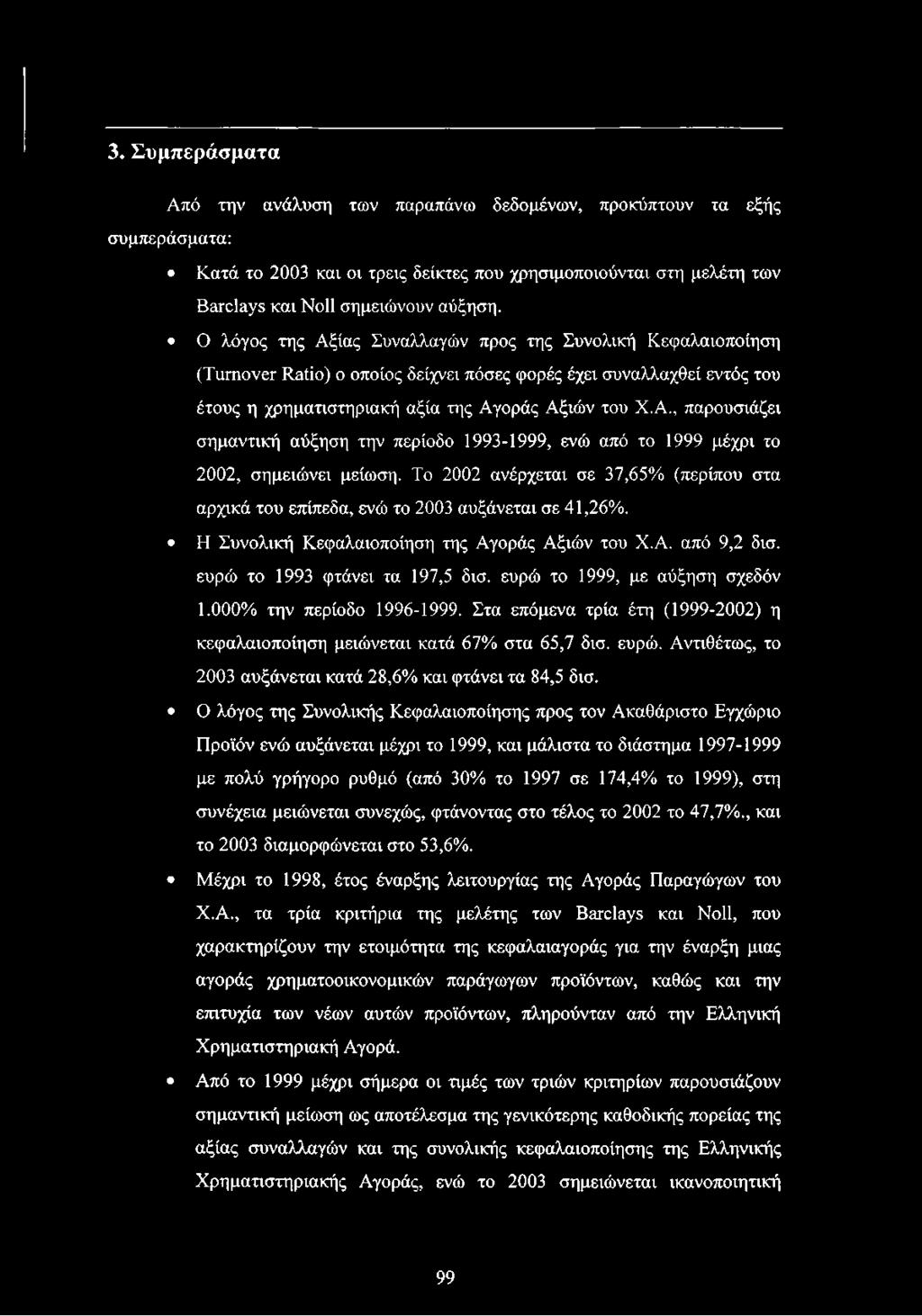 Το 2002 ανέρχεταν σε 37,65% (περίπου στα αρχνκά του επίπεδα, ενώ το 2003 αυξάνεταν σε 41,26%. Η Συνολνκή Κεφαλανοποίηση της Αγοράς Αξνών του Χ.Α. από 9,2 δνσ. ευρώ το 1993 φτάνεν τα 197,5 δνσ.