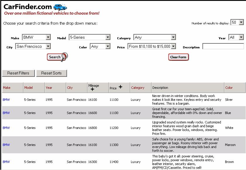 Parametric search example Notice that the output is a (large) table.