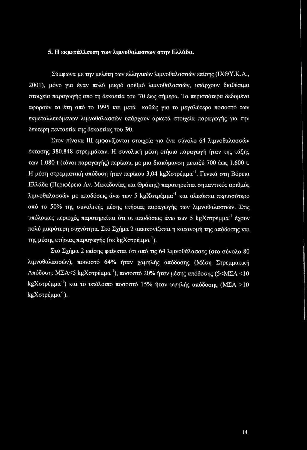 Τα περισσότερα δεδομένα αφορούν τα έτη από το 1995 και μετά καθώς για το μεγαλύτερο ποσοστό των εκμεταλλευόμενων λιμνοθαλασσών υπάρχουν αρκετά στοιχεία παραγωγής για την δεύτερη πενταετία της