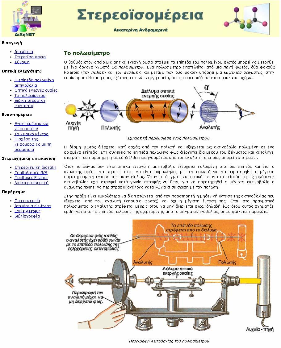 Επιλογή "Το πολωσίμετρο" Αρχικά, ορίζεται η χρησιμότητα και η κατασκευή του πολωσίμετρου και με τη βοήθεια εικόνας, η οποία απεικονίζει τη σχηματική παρουσίαση