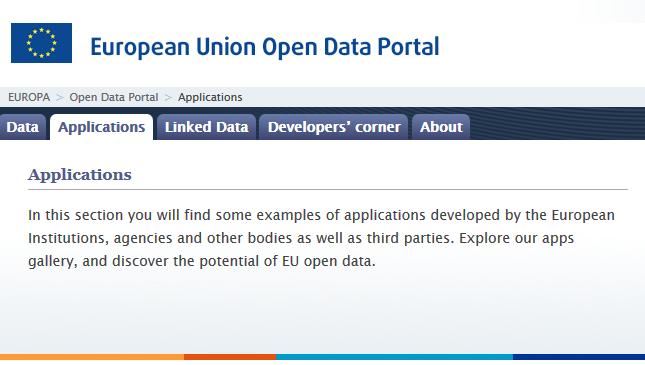 Εικόνα 2 Applications - Πύλη ανοιχτών δεδομένων της Ευρωπαϊκής Ένωσης Εικόνα 3 Developer's corner - Πύλη ανοιχτών δεδομένων της Ευρωπαϊκής Ένωσης Στην πύλη ανοιχτών δεδομένων της Ευρωπαϊκής Ένωσης ο