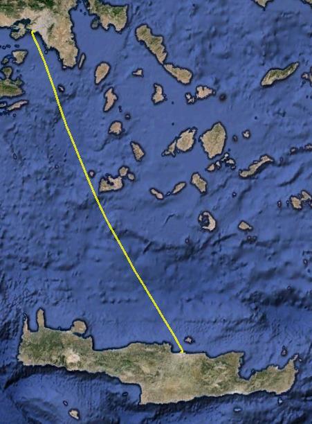 Σχήμα 5-7: Απεικόνιση πορείας πλοίου Ηράκλειο - Πειραιάς στο περιβάλλον του RTKPLOT/Google Earth Όπως φαίνεται στο Σχ.