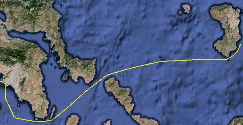 Σχήμα 5-12: Κινηματικές PPP λύσεις ανά διεύθυνση για τη διαδρομή πλοίου Πειραιάς Χίος Σχήμα 5-13: Απεικόνιση πορείας πλοίου Πειραιάς - Χίος στο περιβάλλον του RTKPLOT/Google Earth Για την διερεύνηση