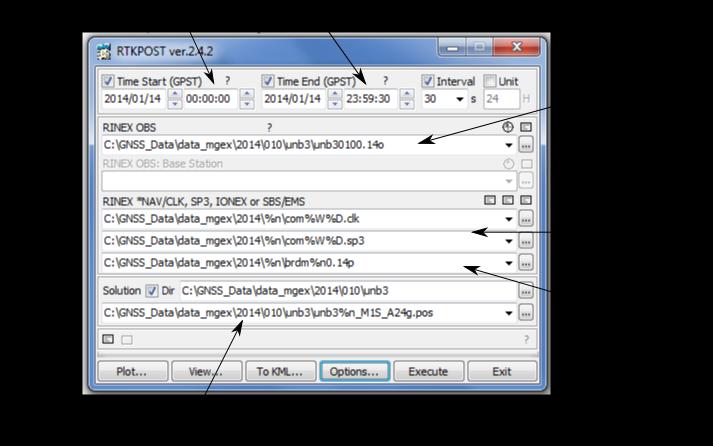 Εικόνα 4-3: Κεντρικό παράθυρο της εφαρμογής RTKPOST Η πέμπτη εφαρμογή, RTKCONV, δίνει τη δυνατότητα στους χρήστες να μετατρέψουν τα πρωτόλεια δορυφορικά δεδομένα τους σε RINEX αρχεία.