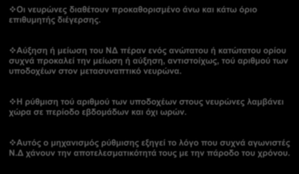 Ρύθμιση Πυκνότητας Υποδοχέων Οι νευρώνες διαθέτουν προκαθορισμένο άνω και κάτω όριο επιθυμητής διέγερσης.