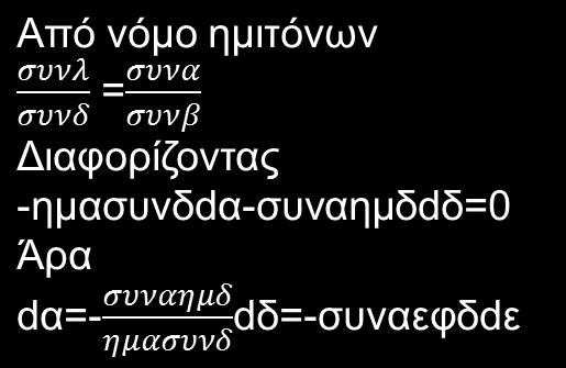 Εφαρμογή: Μεταβολή ουρανογραφικών συντεταγμένων συντεταγμένων λόγω κλόνισης του άξονα του κόσμου dλ=dβ=0 dε 0 sinδ=cosεsinβ+sinεcosβsinλ (*) β Διαφορίζω την (*): cosδdδ=