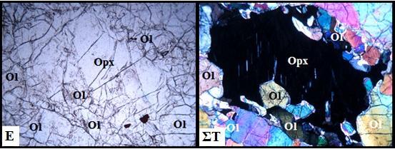 θέση κατάσβεσης με λαμέλλες απόμιξης κλινοπυρόξενου, (Α,Γ,Ε μικροσκοπικές εικόνες με