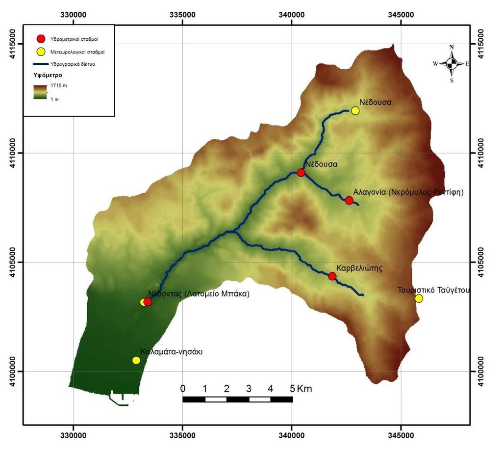 Κεφάλαιο 3 Περιοχή Μελέτης Σχήμα 3.2: Τοπογραφικό ανάγλυφο της ευρύτερης λεκάνης απορροής Νέδοντα και οι θέσεις μέτρησης των υδρολογικών και μετεωρολογικών μεγεθών.