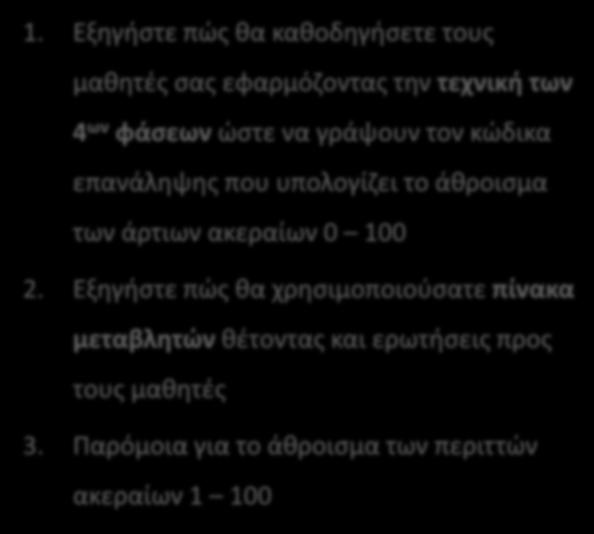 Παράδειγμα 1 Begin sum := ; i := ; Repeat sum := ; i := ; Until i ; Writeln(sum) End. 1. Εξηγήστε πώς θα καθοδηγήσετε τους μαθητές σας εφαρμόζοντας την τεχνική των 4 ων φάσεων ώστε να γράψουν τον κώδικα επανάληψης που υπολογίζει το άθροισμα των άρτιων ακεραίων 0 100 2.