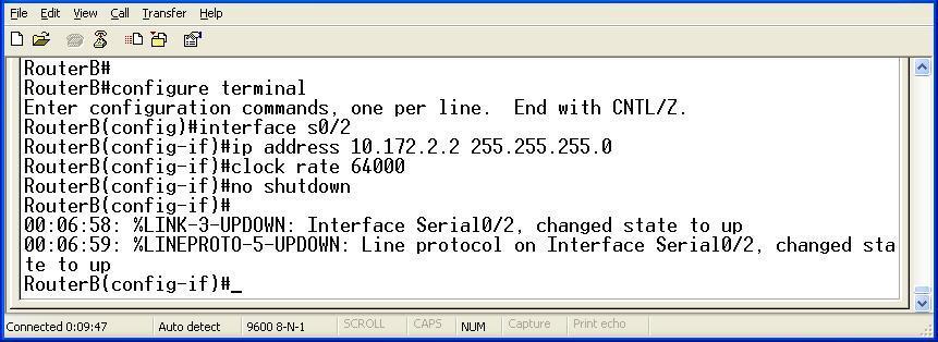 εκτζλεςθ τθσ εντολισ: interface serial 0/2. Ζπειτα εκτελοφμε τισ εντολζσ: ip address 10.172.2.2, 255.255.255.0, clock rate 64000 και no shutdown.